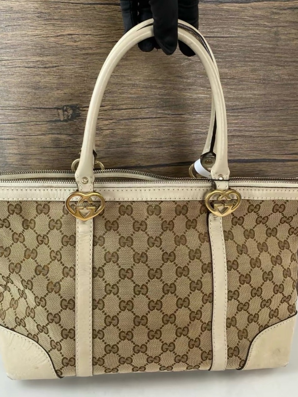 Gucci Beige Monogram Tote with Cream Leather Trim and Gold Heart Hardware